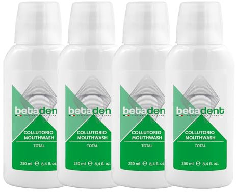 Betadent KIT 4 COLLUTORIO TOTAL Azione totale contro placca, tartaro, carie, alito cattivo, infiammazione gengivale. Ingredienti naturali, massima efficacia, alito fresco. 4x250 ml