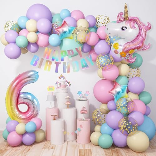 120 Stück Luftballon Einhorn 6, Einhorn Luftballon Pastell mit Zahlen Sowie Happy Birthday Banner, Luftballons für Mädchen-Geburtstagsdekoration