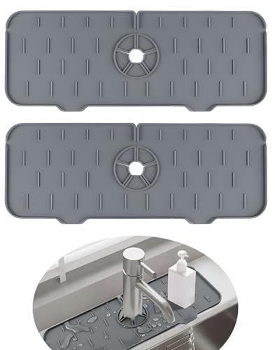 LURVOUS 2 Pcs Silicone Draining Mat Around Tap, Sink Splash Guard Sink Faucet Mat, Silicone Sink Mat Draining Mat Faucet Mat for Kitchen Bathroom Counter, Sink Drainer Mat Sink Tidy Mat (Grey)