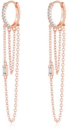 Kamise Silver Small Hoop Earrings, 925 Sterling Silver Huggie Hoop Earrings Hanging for Women Lady Girls, Hypoallergenic Double Long Chains Drop Earrings, Rosegold Dangle Hoop Earrings with Zirconia