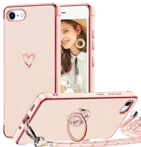 TVVTPU Handyband für iPhone 7 Hülle mit Band, Herz Muster Handyhülle mit Ring Ständer Stoßfeste Kratzfest TPU Bumper Schutzhülle mit Kordel zum Umhängen (Abnehmbar), Rosa