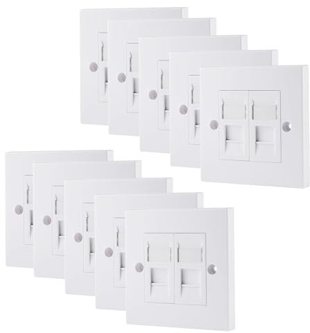 rhinocables CAT6A Ethernet Faceplate Single 1-Port/Double 2-Way RJ45 Socket Wall Plate for Ethernet Cable Networking (10, 2 Port)