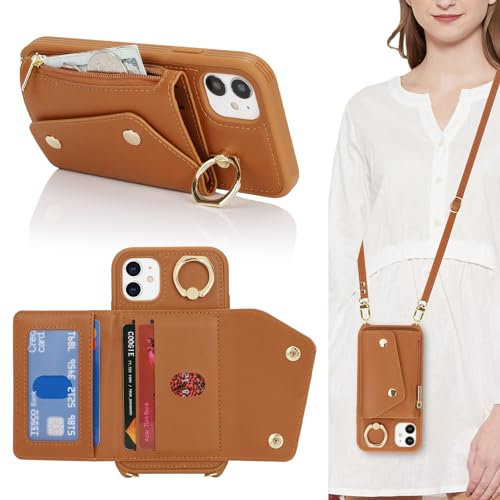 Lipvina Cover per iPhone 11 con cordino Porta Carte Custodia iPhone 11 con cerniera cordino Ring portafoglio donna - Marrone
