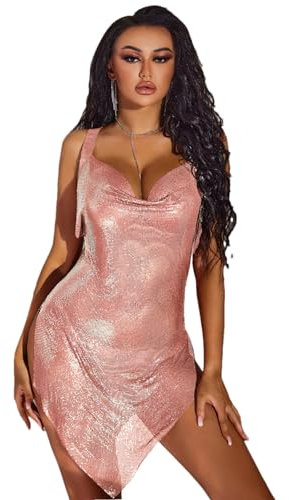 Women Sexy See Metal Sequin Mini Slip Dress Backless Glitter Club Party Dress Womens Evening Dresses Rose Gold M