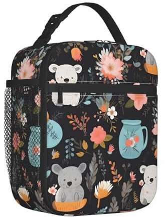 Mexpekil Koala - Lonchera térmica con aislamiento floral para mujeres y hombres, lonchera portátil para picnic con bolsillo lateral de malla, lonchera para adultos para el trabajo
