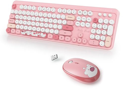 SbocKeeb Pink Keyboard and Mouse Wireless, American QWERTY Cute Typewriter Wireless 2.4GHz Colorful Full Size Keyboard with Number Pad, for Windows PC Laptop Bear Pink