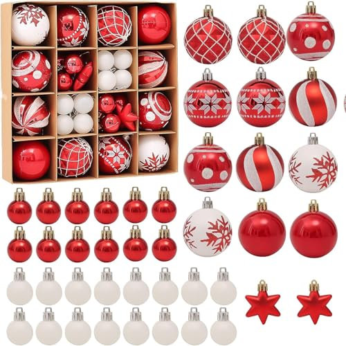 Robofun - Juego de 42 bolas de Navidad, caja de bolas de plástico irrompible, adornos decorativos para regalos, árbol de Navidad, fiesta, boda, decoración reutilizable, color blanco y rojo