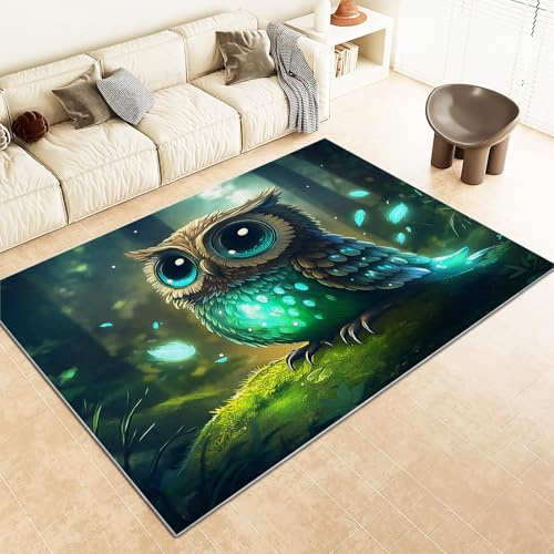 Srigzcaly Teppich rutschfeste für Wohnzimmer Esszimmer, Anime-Stil Tiere Eule Wald Dekor Teppich für Schlafzimmer Kinderzimmer - GrüN Kurzflor Flanell Teppiche Pflegeleicht Waschbare 80x150cm
