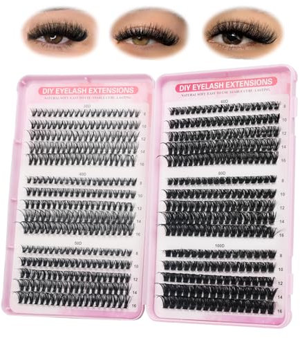 FANDIQ Cluster Lashes Individual Eyelashes 570pcs Natural Eyelash Clusters D Curl Lashes 8-16MM Soft & Fluffy Thick Volume DIY Russian Lash Extensions(30+40+50+60+80+100D)