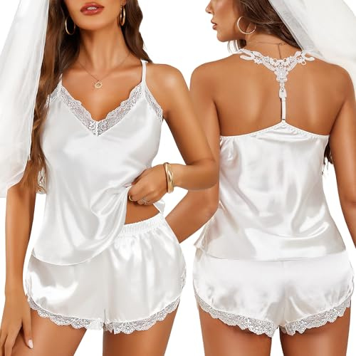 RSLOVE Ensemble de Pyjama Femme - Satin Chemise de Nuit pour Femme Sexy Vêtements de Nuit en Soie 2 Pièces