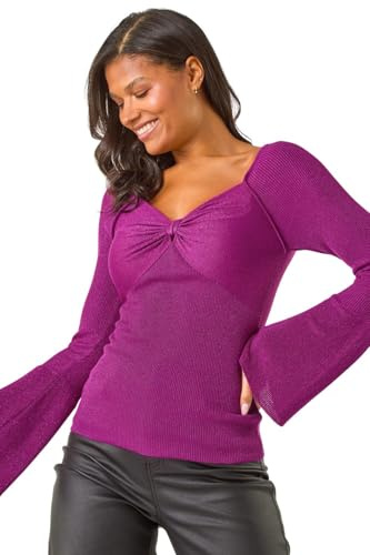 Roman Sweetheart Neck Ruched Knit Jumper for Women UK - Ladies Autumn Everyday Winter Holiday Long Sleeve Soft Glitter Fabric Warm Top Office Desk Sweaters - Mauve - Size 12