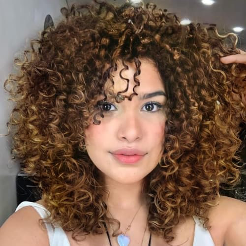 Colorfulpanda Perücke Afro Kinky Lockig Damen Kurze Wellige Perücken Locken Für Frauen Synthetische Natürliche Haar Wig mit Pony Natürlich lockige Perücke (Ombre braun blond)