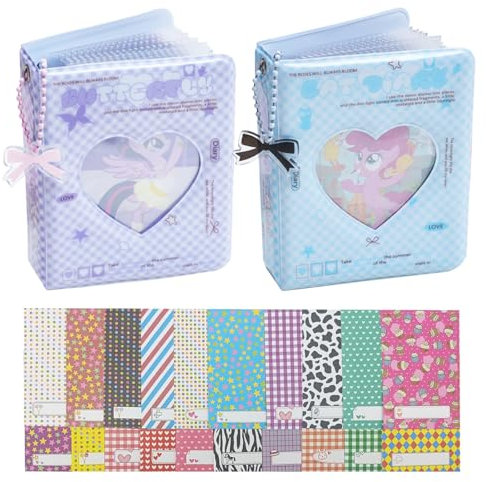FOSDICK 2 Stück 40 Pockets für Instax Mini Fotoalbum, 3 Zoll für Polaroid Fotoalbum, Niedlich Photocard Holder, Photocard Binder mit 20 Mini Fotorahmen Aufkleber, Mini Fotobuch für 2x3 Sofortfilm