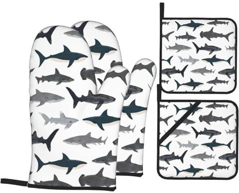 Lot de 4 maniques et maniques motif requins - Résistants à la chaleur