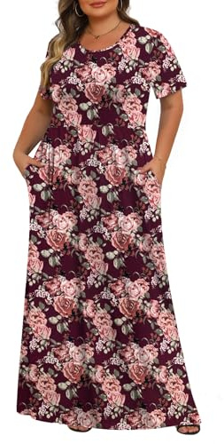 Tencede Womens Plus Size Maxi Dresses Summer 2026 Casual Short Sleeve with Pockets Long Dress 1X-5X, Peony Purple, 5XL
