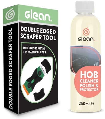 GLEAN Hob Cleaner And Polish 250ml & Scraper Tool | 2-in-1 Bundle | Induction & Ceramic Hob Cleaner + Non-Scratch Scraper | Removes Burnt Food & Grease | Includes 10 Metal + 10 Plastic Blades