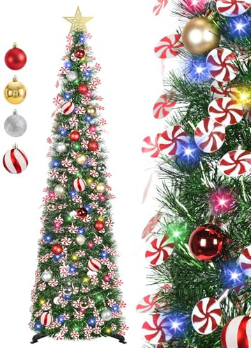SINTENILL Árbol de Navidad desplegable de 5 pies con luces de temporizador y decoraciones, árbol de Navidad artificial verde con 24 adornos de bolas, árbol plegable para el hogar, oficina, decoración