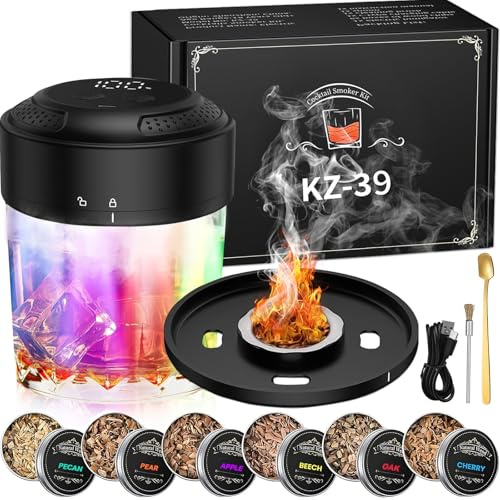 YGVQN Elektrischer Whiskey Smoker Set, Cocktail Räucher-Set mit 6 Holzchips, LED Bildschirm & USB-C Whiskey Räucherset, Wiederaufladbar, Butanfrei, Geschenk für Vater, Ehemann, Cocktail-Liebhaber