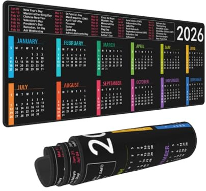 2026 Calendar with Holidays Mouse Pad XL Extended Desk Mat, Non Slip Rubber Base Stitched Edge Gaming Pc Desktop Large Mice Pad,31.5 X 11.8 Inch