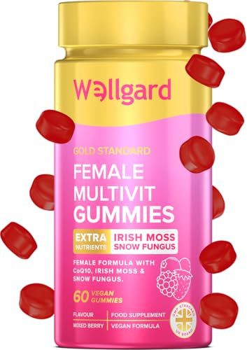 Wellgard Multivitamin for Women, Vegan Gummies with Iron, Sea Moss, Snow Fungus & CoQ10, Hair, Skin, Nails, Energy & Immune Support, Mixed Berry Womens Multivitamin Gummies, 60 Gummies