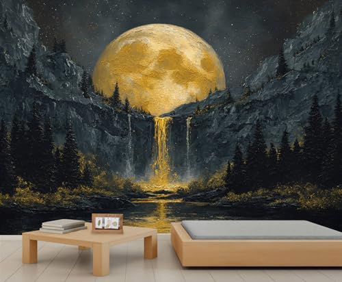 YEMYOR Full Moon Mural Wallpaper Golden Moon Wallpaper for Living Room Bedroom Black Mountain Forest Wall Mural for Kitchen Dining Room-450x300cm