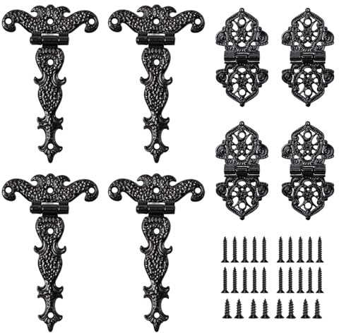 Sikweny 8 Piezas Bisagras Puertas Madera 26/60 CM Con 28 Tornillo De Montaje Bisagras Puertas Cocina En T Negra Bronce Retro Antiguas Decorativas Bronce Talladas para Restauración Muebles De Gabinete