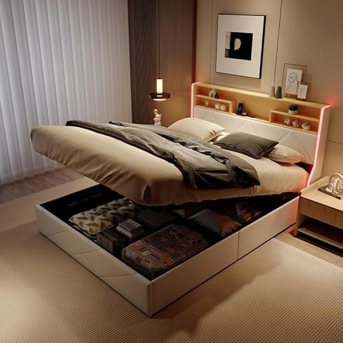 QMTXBYJ lit Coffre 140x200 avec Éclairage LED et USB,lit Hydraulique avec Étagères Ouvertes et Rangement Caché et Tête de Lit, Lits 2 Personnes avec Sommier à Lattes,Bois en PU,sans Matelas