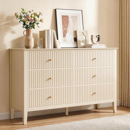 SUNVIVI Fluted Chest of Drawers, 6 Drawer Wide Wooden Storage Unit, Modern Bedroom Drawer Organiser for Living Room, Hallway or Entryway, Beige