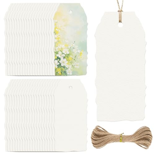 60 Stück unbedruckte Geschenkanhänger mit unregelmäßigem, rissigem Randeffekt, Vintage-Geschenkanhänger mit Schnur, Geschenkanhängers aus Bastelpapier im Aquarell-Stil, ideal für DIY