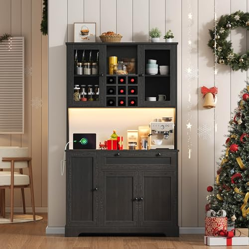 JCFEIDQW Hochschrank, Buffetschrank, Küchenschrank, Vitrine mit Integriertem Gewürzregal, Verstellbaren Einlegeböden, mit Farbwechselnder LED-Beleuchtung & Steckdose, 105×40×180cm (Schwarz)