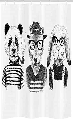 ABAKUHAUS Tier Schmaler Duschvorhang, Hipster Panda Zigarre Fox, Badezimmer Deko Set aus Stoff mit Haken, 120 x 180 cm, Schwarz Weiß Grau