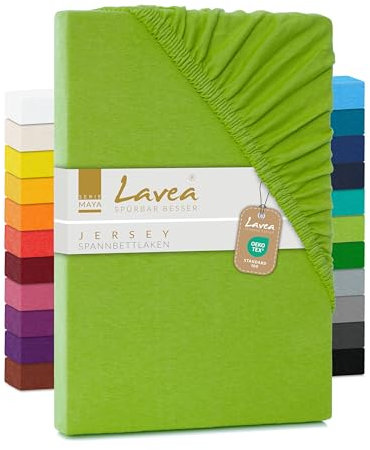 Lavea Spannbettlaken 200x220cm - aus atmungsaktiver Baumwolle - Passgenau für Boxspringmatratzen bis 40cm - Apfelgrünes Bettlaken mit Gummizug - Jersey Spannbetttuch 200x220cm