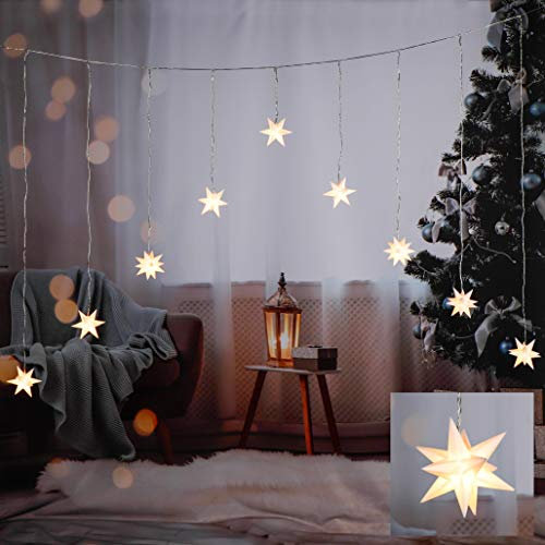 3D Sternen Lichtervorhang mit 9 LED - 160x120 cm - Weihnachts Deko Stern Lichterkette Batterie betrieben
