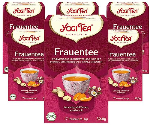 Yogi Tea Frauentee, Ayurvedischer Bio Gewürzteevon Natur aus Koffeinfrei, mit Kamille, Ingwer und Orangenschalen, 6x17 Beutel (102 Teebeutel insgesamt)