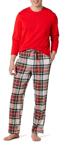 Amazon Essentials Ensemble de Pyjama avec Pantalon en Flanelle et T-Shirt à Manches Longues Homme, Rouge Tartan Plaid, L