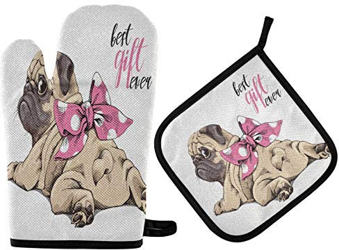 Mnsruu Ofenhandschuh und Topflappen-Set mit niedlichem Mops-Motiv, hitzebeständig, Küchenhandschuh zum Kochen, Backen, Grillen, Grillen