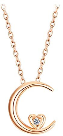 Gualiy Women's 18K Rose Gold Pendant Necklace Moon Heart Pendant Diamond