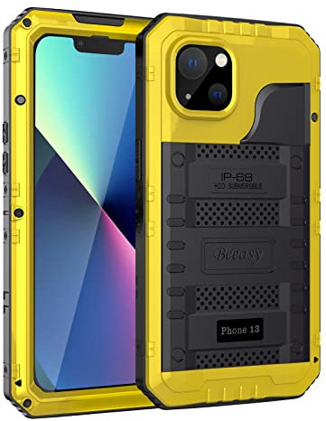 Beeasy for iPhone 13 Case Waterproof Heavy Duty Shockproof Tough Metal Armour Cover Dustproof Built-in Screen Protector, Robust 360 Full Body Military Protective Rugged Case for iPhone 13,Yellow