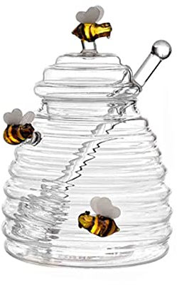 BYNYXI Glas Honigtopf, 260ML Honigglas mit honiglöffel und Deckel Honigbehälter Transparentes Honigglas Biene Honigdose Honigspender Borosilikatglas Honigtopf zum Servieren von Honig und Sirup