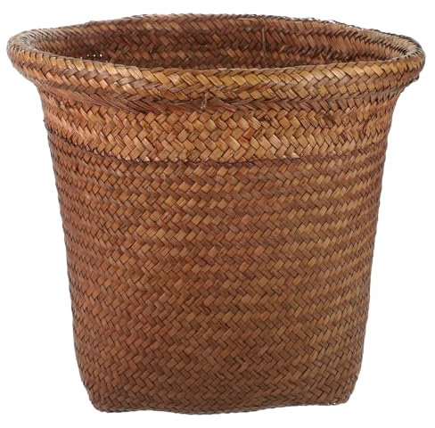 Operitacx Straw Woven Wastebasket 13 Inch Round Storage Basket for Home Office Bedroom Bathroom Practical Trash can with Smooth Edges