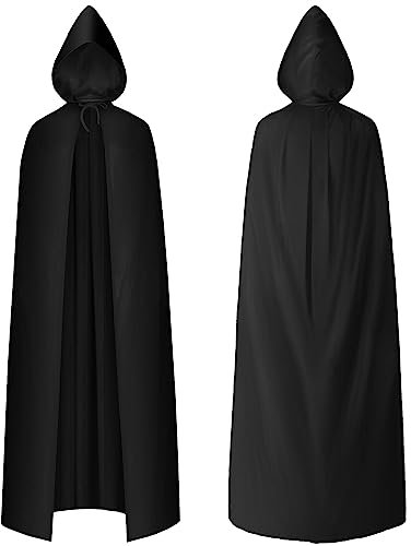 AOOWU Schwarzer Umhang, Vampir Umhang mit Kapuze Erwachsene, Umhang kostüm Cape Satin Herren Damen, Mantel für Halloween Weihnachten Karneval Kostüm(einseitig)