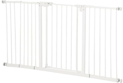 PawHut Barrière de sécurité Animaux 74-148 x 76,2 cm avec Porte Fermeture Automatique système de Double Verrouillage sans perçage avec 3 Extensions Blanc