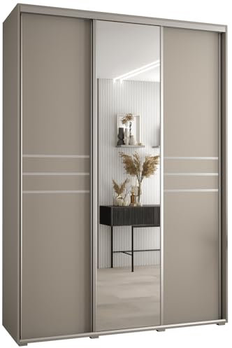MEBLE KRYSPOL Dakota 11 Schrank mit DREI Schiebetüren - Moderner Kleiderschrank mit Spiegel, Kleiderstange und Regalen - 235,2x180x60cm - Kaschmir Silber