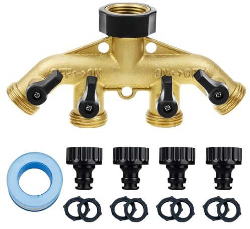 SUNOYA Wasserverteiler 4Fach, 3/4 Zoll aus Messing, 4-Wege-Verteiler mit 4 Gartenschlauch Adapter, 4 Wege Verteiler Wasser, Wasserverteiler für Gartenbewässerung Wasserdurchfluss Regulier (4-Wege)