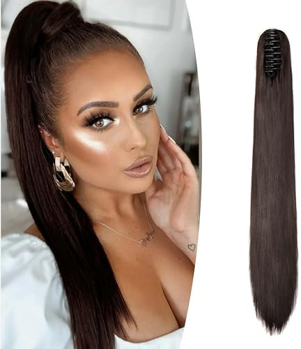 Gairyan 60cm Pferdeschwanz Haarteil Zopf Extensions Lang Glatt Klammer Claw Clip in Ponytail Extensions Synthetik Haare Extensions Gerade Haarteil Haarverlängerung für Frauen (Mittel braun)