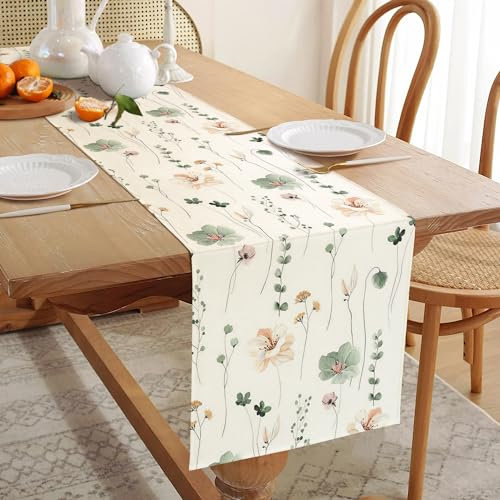 YCOLL Pflanzen Blumen Tischläufer Leinen - Küche Esstisch Dekoration Wasserabweisend, Outdoor Abwaschbar für Esszimmer Party