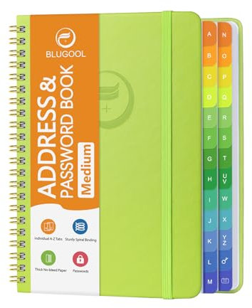 Adressbuch mit alphabetischen Registerkarten - Adress- und Passwortbuch für Senioren – Hardcover Spiralbindung – Kontakte aufnehmen, Website-Login-Passwörter, besondere Tage – 14,5 x 19,6 cm, Grasgrün