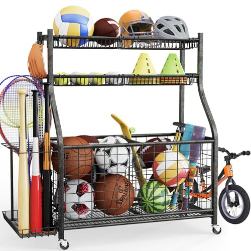 CaMecequter Garage Sports Equipment Organizer with 4 Baskets & 6 Hooks - Heavy Duty Freestanding Ball Storage for Basketball, Soccer & Outdoor Toys (Black)