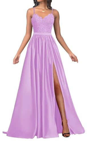 Infuness Damen Satin Ballkleider Lang Spaghetti Straps Lace Appliques Ballkleider mit Schlitz