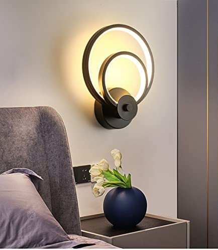 SSNCcNC LED Wandleuchte Innen Minimalismus Ring Wandlampe Nordic Metal Nachttischleuchten Warmes Licht 3000K 18W Schwarz Lichter für Schlafzimmer Nachttisch Wohnzimmer Deco 20 * 25cm